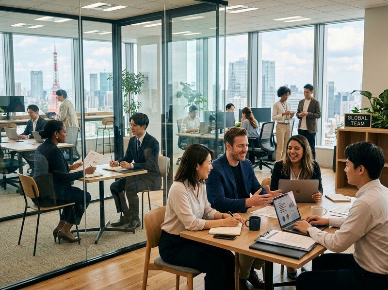 東京タワーを望むオフィスで、多国籍のメンバーが集まり打ち合わせをしている様子